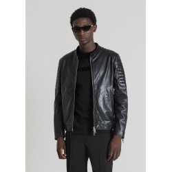 VESTE BIKER SLIM FIT EN CUIR VÉRITABLE AVEC COL MAO