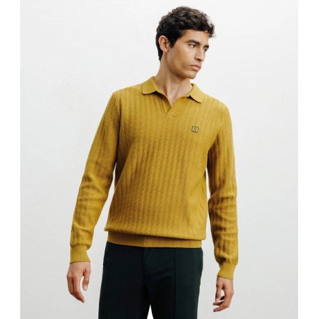 Pull col polo ouvert jeux de points jaune 