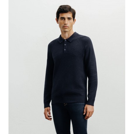 Pull col polo boutonné marine IZAC
